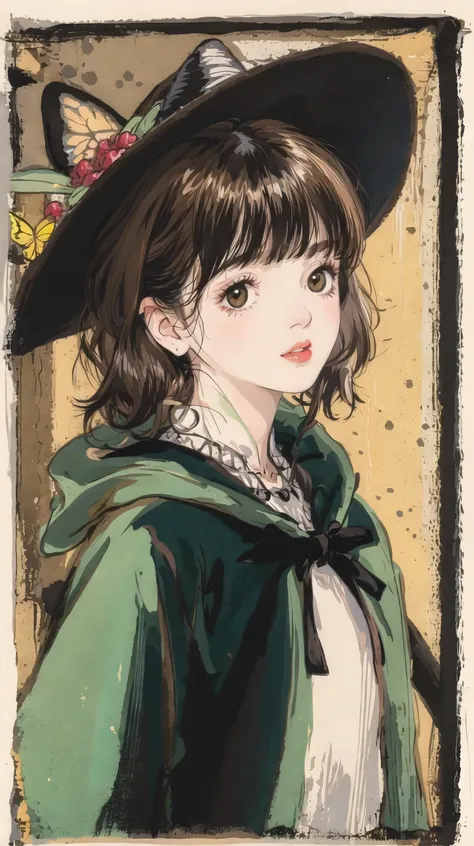 colorful butterfly,girl,full body,witch hat,(detailed face:1.2), Tarot border,The portrait is centered,(no weapon),, medium hair, black hair, twintails, blunt bangs, brown eyes,