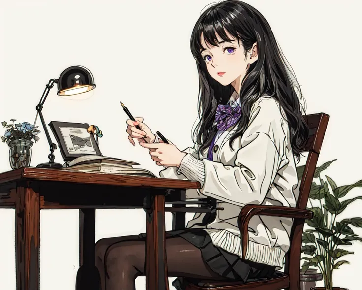 [(white background:1.4):: 5], tachi-e, (illustration:1.1), (best quality), (masterpiece), 
1girl, finely detailed, highres, silver hair, long hair, purple eyes, open cardigan, (white cardigan), black miniskirt, pleated skirt, (black pantyhose), black loafer, black bowtie, 
sitting, desk, chair, blanket,bookshelf, Vase,Table Lamp, tea,books,birds,flower, pen,Leaves,Toys,