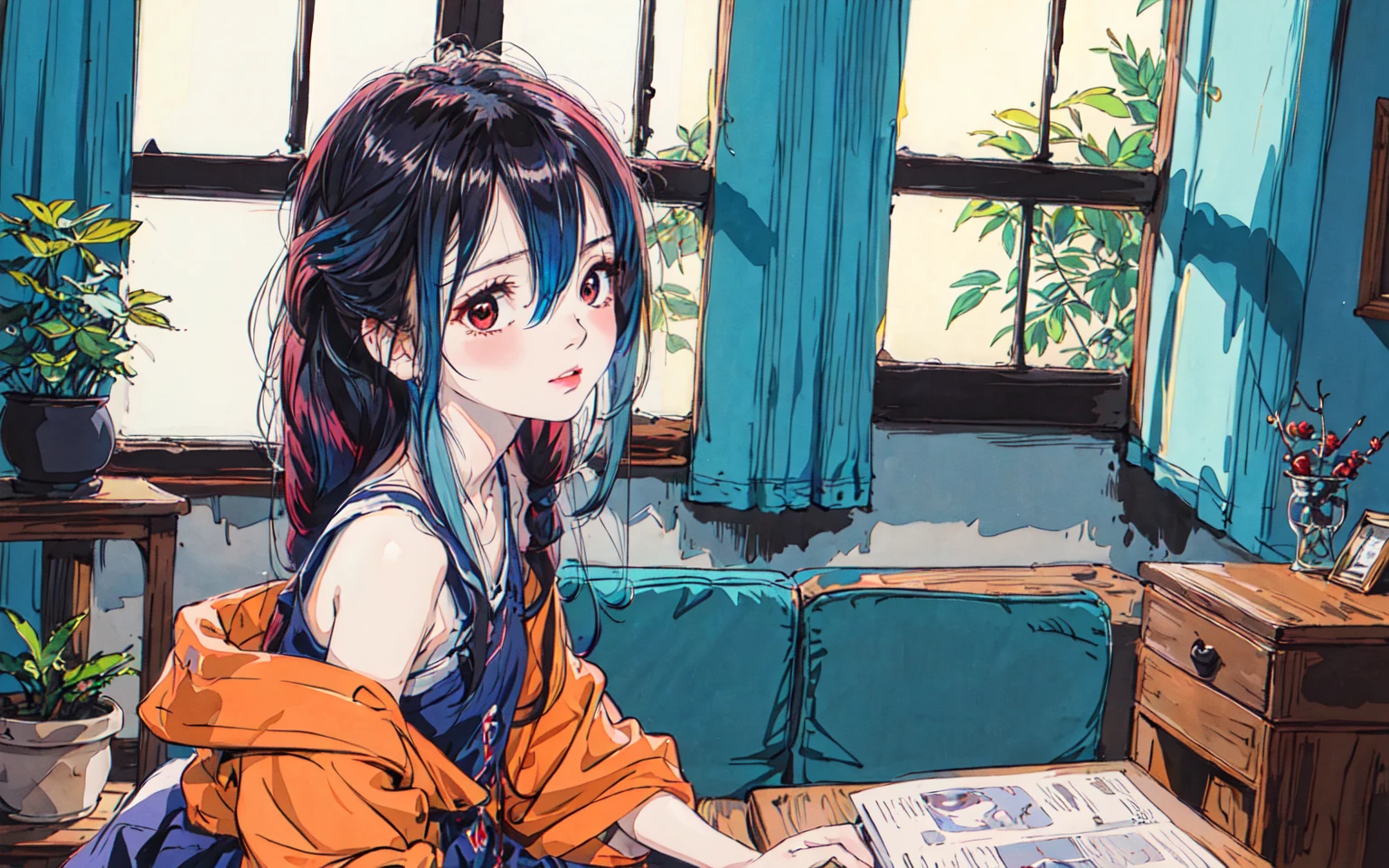 (masterpiece,best quality:1.2),(highres:1.1),(Highest picture quality),(master's work),facing viewer,dynamic angle,sky,cloud,
(1loli,solo focus:1.4),cute,ornament,(jewelry:0.75),(blush:0.9),(strap:0.9),barefoot,
living room, couch, window, curtains, dappled sunlight, potted plant, table, cabinet,bookshelf, desk lamp,
ahoge,(disheveled hair,long hair,ruby hair,blue colored inner hair,shiny hair,shiny skin:1.1),