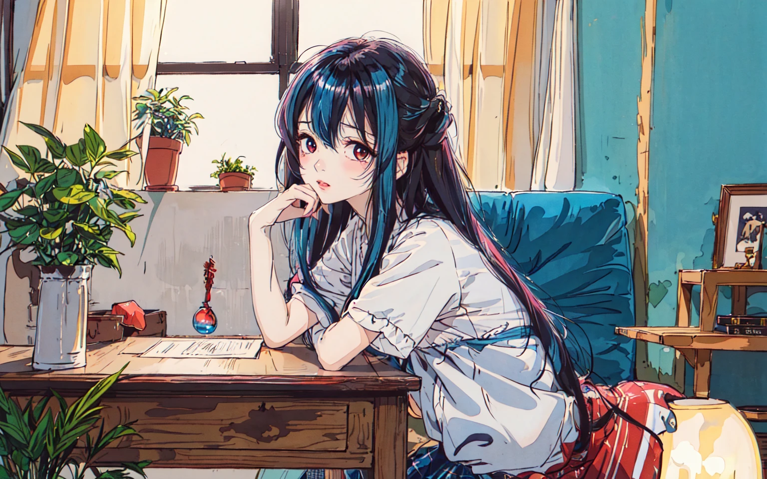 (masterpiece,best quality:1.2),(highres:1.1),(Highest picture quality),(master's work),facing viewer,dynamic angle,sky,cloud,
(1loli,solo focus:1.4),cute,ornament,(jewelry:0.75),(blush:0.9),(strap:0.9),barefoot,
living room, couch, window, curtains, dappled sunlight, potted plant, table, cabinet,bookshelf, desk lamp,
ahoge,(disheveled hair,long hair,ruby hair,blue colored inner hair,shiny hair,shiny skin:1.1),