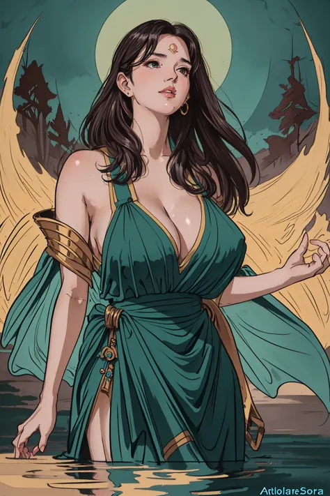 a realistic night elf goddess emerging from a Lake at midnight, highly detailed, digital painting, shiny skin, huge breasts, Trending on artstation , HD quality, by artgerm and greg rutkowski and alphonse mucha, dramatic light, octane