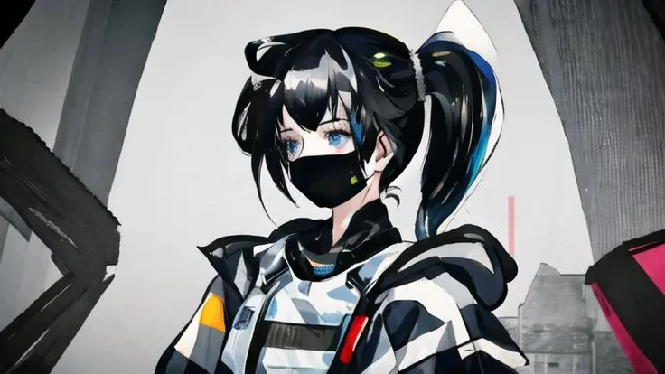 1girl, solo, bodysuit, cyberpunk, face mask, side ponytail, headphones, hood up,
looking away, blue eyes, outdoors, street,
{best quality}, {{masterpiece}}, {highres}, original, extremely detailed 8K wallpaper, {an extremely delicate and beautiful},
<lora:necoStyleLora_v10:1.2>