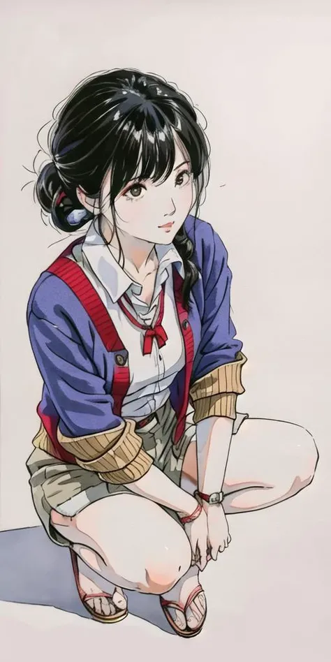 best quality, masterpiece, medium shot portrait of an Asian woman wearing cardigan and shorts, asian squat, low camera angle