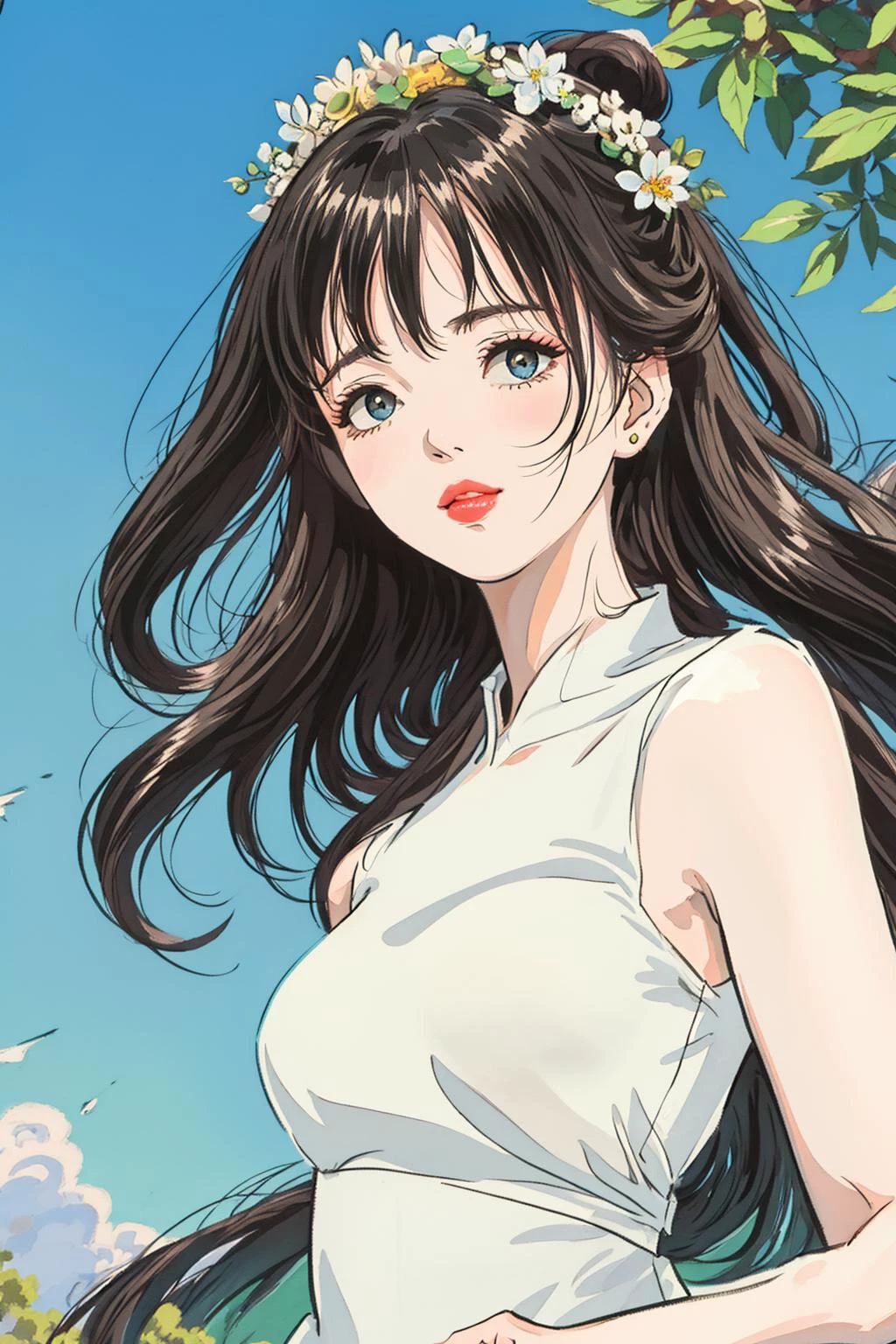 Unparalleled masterpiece, surreal 8K, perfect artwork, super detail, best quality, masterpiece 4K wallpaper aesthetics, masterpiece, award-winning artwork, official art, cinematic lighting. (Great work: 1.3), (Best quality: 1.1)
(Elegant: 1.3) An elegant lady, wearing a white sheath dress, a white wreath on her head and her lips slightly raised, as if conveying some kind of beauty to people. Her graceful posture shows an elegant and graceful temperament, and the whole picture is full of tenderness and delicacy. The background is a blue sky and green trees, and the whole picture seems to be an idyllic painting, full of tranquility and harmony.
<lora:fashionGirl>_v47:1>.