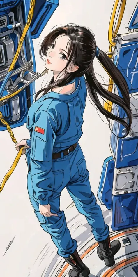 best quality, masterpiece, wide angle shot photo of a woman wearing jumpsuit and boots, low camera angle, spreading, detailed face, space station