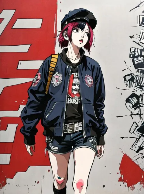 masterpiece,ultra-detailed,illustration,highly detailed,1girl,solo,best quality,punk,Hip-hop style,cap,walking,
