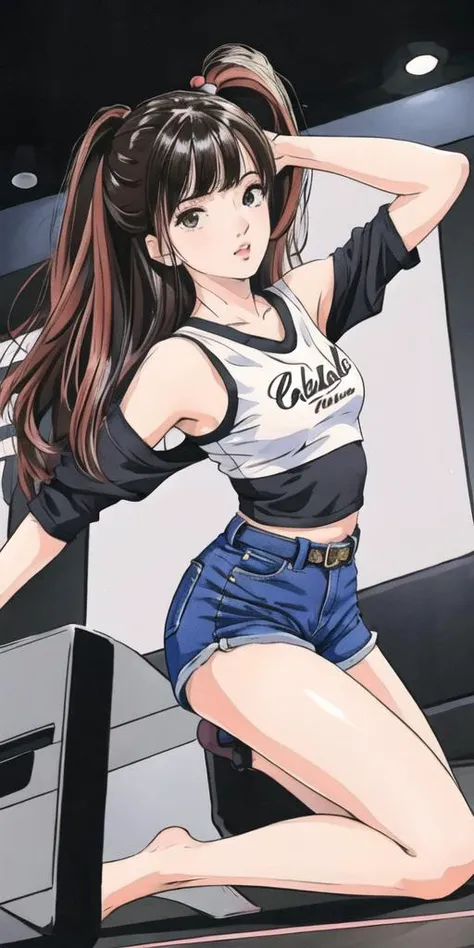 best quality, masterpiece, medium shot portrait of a 16 year old girl, shirt top, high waist tight pants, detailed face, stage background, kneeling down, small breasts, dynamic pose