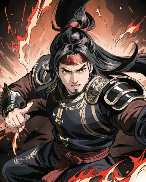 Dynasty Warriors, black and red armor, long hair, black hair, 1man, (((male focus))), battlefield, red skies, action pose, (((dynamic perspective))), handsome, brown eyes, tall, serious, angry, sharp focus, 8k, (((detailed face))), fantasy armor, headband, red headband, pixiv, artstation, best quality, chinese, handsome, detailed eyes, dynamic lighting, best illustration, masculine, fantasy, fire, outdoors, highnoon, strong face, muscular, athletic, martial arts, warrior, (((action pose:1.3))), damage, blood, dramatic, screaming, deviant art, masterpiece, good anatomy, good hands,