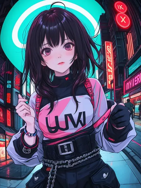 1girl,Creative hair,City streets,fisheye,neon cold lighting, cyberpunk, blush, Waist Shot,Detailed face details,dynamic pose,