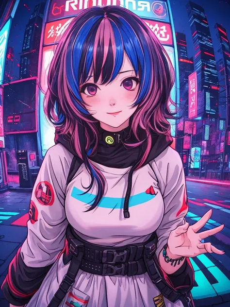 1girl,Creative hair,Rainbow Hair,City streets,fisheye,neon cold lighting, cyberpunk, blush, Waist Shot,Detailed face details,dynamic pose, rim lights