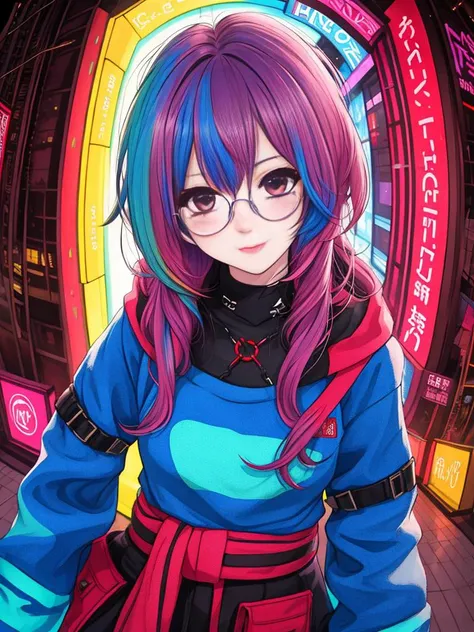 1girl,Rimless Glasses,Creative hair,Rainbow Hair,City streets,fisheye,neon cold lighting,rim lights, cyberpunk, blush, Waist Shot,Detailed face details,dynamic pose,