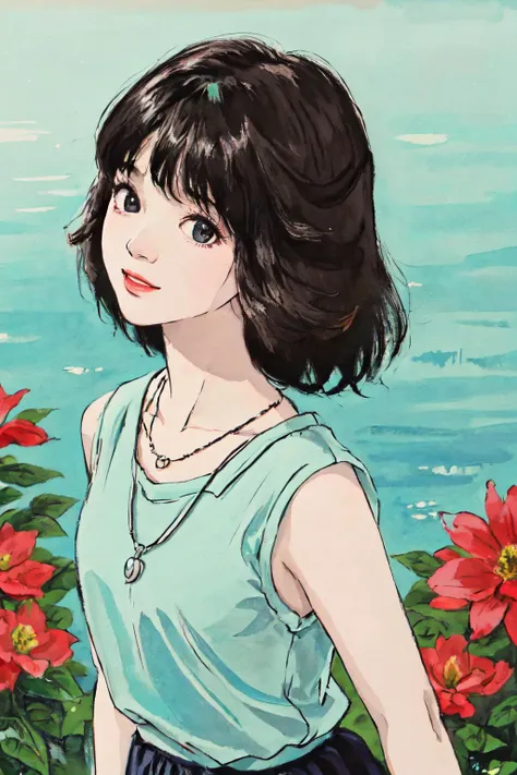 masterpiece, realistic, ultra high res, high quality, colorful, outdoors, flowers, close-up, from above,
1girl, (young), (no make-up), black hair, miniskirt, necklace, looking at viewer, looking up, collarbone, pure, happy,
(seikomatsuda:1.1), <lora:seikomatsuda:1:MIDD>