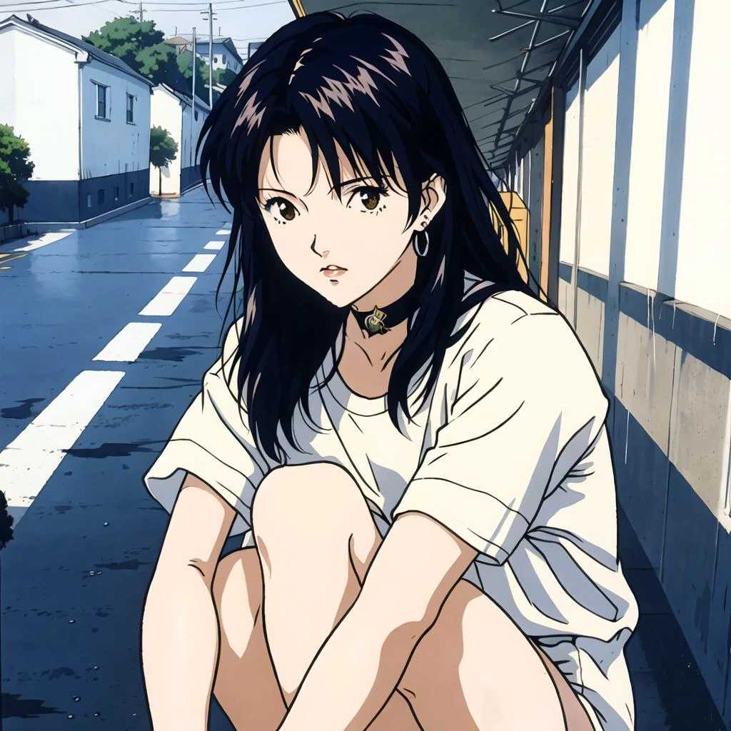 hotsquat, 1990s \(style\), katsuragi misato, 1girl, , black hair, choker, earrings, jewelry, long hair, small breasts, solo, white panties, squatting,street,rain, ,facing viewer, (looking at viewer), shirt, naked shirt, shirt tug <lora:shirtTugPoseLORA_shirtTug:0.6> <lora:hotsquat:0.3> <lora:90sv1.6R:0.6>