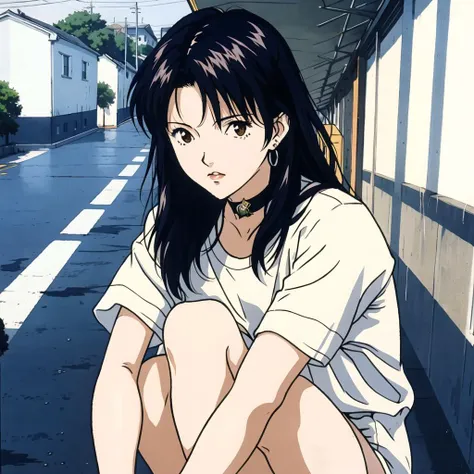 hotsquat, 1990s \(style\), katsuragi misato, 1girl, , black hair, choker, earrings, jewelry, long hair, small breasts, solo, white panties, squatting,street,rain,  ,facing viewer, (looking at viewer), shirt, naked shirt, shirt tug <lora:shirtTugPoseLORA_shirtTug:0.6> <lora:hotsquat:0.3> <lora:90sv1.6R:0.6>