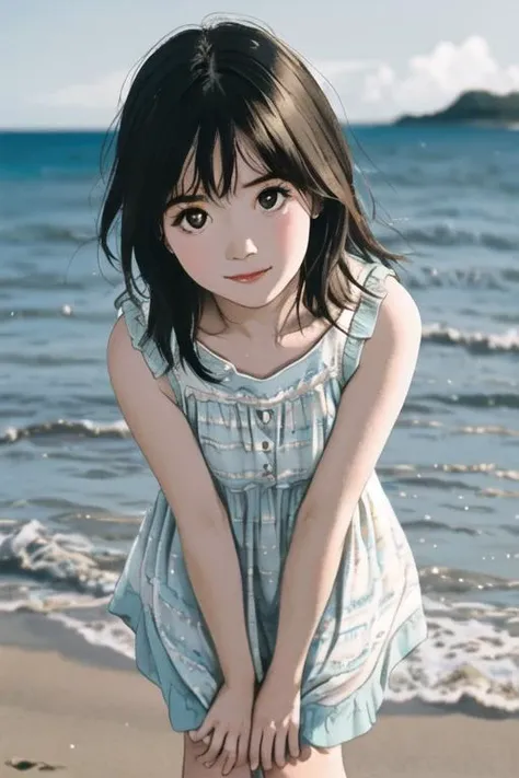 Coastal beauty, girl in a charming sleeping dress, short skirt, (bright eyes, carefree expression), sandy beach background, lighthouse, gentle sea breeze, playful pose, dynamic composition, golden hour lighting, blurred background, rich colors, fine details, hyperrealistic, 50mm lens, relaxed atmosphere, portrait photography, 35mm film, natural blurry, filmg, <lora:NegStd3:0.8><lora:LowRA:0.85>