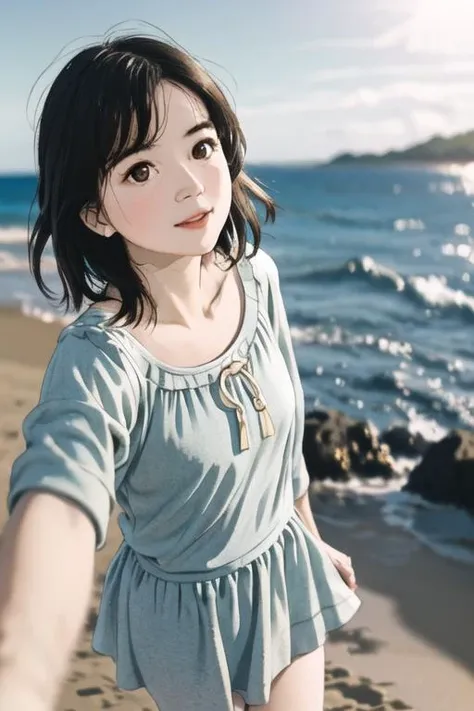 Coastal beauty, girl in a charming sleeping dress, short skirt, (bright eyes, carefree expression), sandy beach background, lighthouse, gentle sea breeze, playful pose, dynamic composition, golden hour lighting, blurred background, rich colors, fine details, hyperrealistic, 50mm lens, relaxed atmosphere, portrait photography, 35mm film, natural blurry, filmg, <lora:NegStd3:0.8><lora:LowRA:0.85>