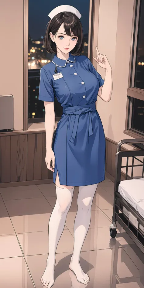 (Night:1.7), hospital, (standing on hospital bed:1.5),nurse uniform,(nurse cap:1.2), no shoes,white thighhighs,see-through, <lora:last:0.2>,oda Non,nurse,
black_eyes,short hair,Bangs,1 girl, Manga,Beautiful Finger,Beautiful long legs,Beautiful body,Beautiful Nose,Beautiful character design, perfect eyes, perfect face,
looking at viewer,dutch angle,(full body:1.5),(hyper realistic texture skin, skindentation, detailed skin:1.2),
official art,extremely detailed CG unity 8k wallpaper, perfect lighting,Colorful, Bright_Front_face_Lighting,
(masterpiece:1.4),best_quality, ultra high res,4K,ultra-detailed,
photography, 8K, HDR, highres, absurdres:1.2, Kodak portra 400, film grain, blurry background, bokeh:1.2, lens flare, (vibrant_color:1.2)
(Beautiful,large_Breasts:1.4), (beautiful_face:1.5),(narrow_waist), deadflow-dc78a9,