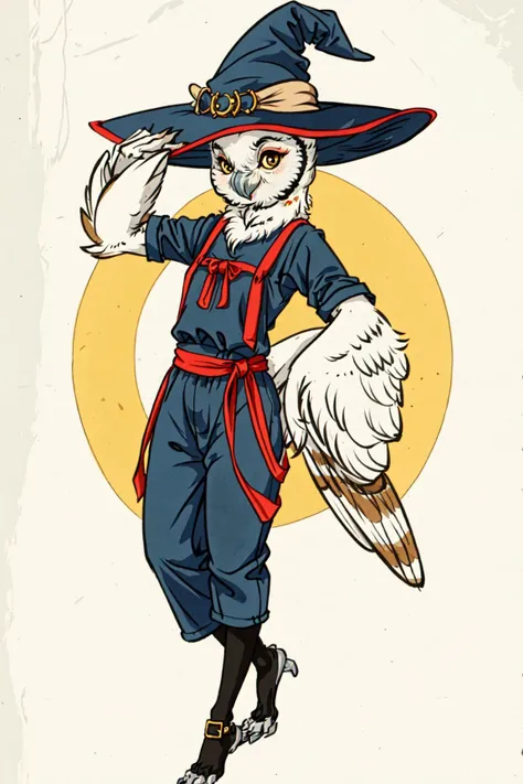 anthro avian, (barn owl), beak, ((winged-arms)), witch costume, witch hat, posing, full body portrait, looking at viewer, <lora:Anthro-Birds-v3.5:1>