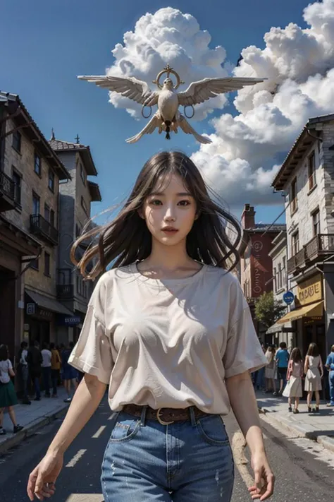 1girl, BEST QUALITY, MASTERPIECE, 8K, SOLO, PHOTOREALISTIC, 1girl, HUGE GOD, FLOATING, GLOWING, CLOUD, LIGHTING, CROWDED, <lora:HugeGodV1:0.4>, kwf, <lora:kwFemaleBeta1_v12:0.6>