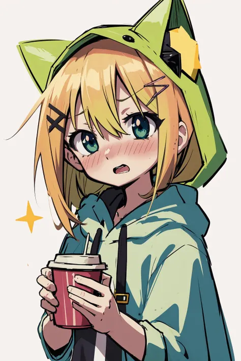 detailed background, masterpiece, best quality, 1girl, holding disposable cup, cute face Kawaii. BREAK In the style of Ken Sugimori, solo, horns, green hair, open mouth, virtual youtuber, multicolored hair, blue eyes, blonde hair, hoodie, hood up, chibi, black capelet, simple background, hairclip, bangs, two-tone hair, hair between eyes, portrait, blush, upper body, looking at viewer, shirt, (shy:1.3)  <lora:Beautiful Detailed Eyes [5693]:0.3>