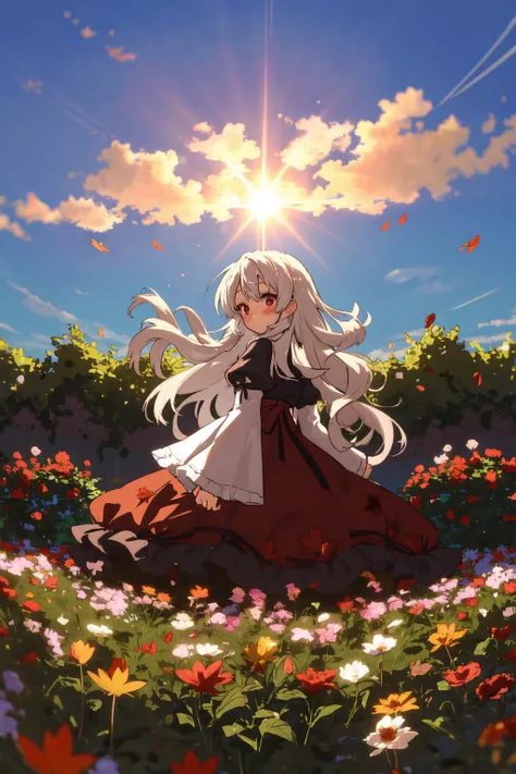 masterpiece, best quality, extremely detailed, (beautiful background:1.3), detailed, from behind, BREAK 1girl, white hair, red eyes, wavy hair, blush, very long hair, solo focus, close up, BREAK flowerbed forming a circle on ground, flowers, arms behind back, wall of flowers, bokeh, beautiful detailed lighting, particles, sun rays, floating maple leaves, beautiful dress, frilled dress, frilled sleeves, light rays focusing on body, red roses, (maple leaf:0.5), sunrise, skies, clouds, blue sky, (shooting stars:0.9) <lora:Beautiful Detailed Eyes [5693]:0.3>