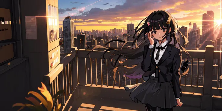 detailed background, masterpiece, best quality, 1girl, solo, outdoors, looking at viewer, button up shirt, long sleeves, black tie, formal, skirt, leggings, boots, windy, long hair, black hair, blunt bangs, hair ornament, hand on own face, upper body, outdoors, building, cityscape, sunset, light leak, lens flare, light rays  <lora:Beautiful Detailed Eyes [5693]:0.3>