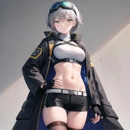 (masterpiece, best quality:1.2),illustration,8k,hd,absurdres,1girl,solo,upper body,(portrait:1.2),svch (girls' frontline),boots,navel,midriff,short hair,goggles on head,fingerless gloves,looking at viewer,crop top,short shorts,black gloves,black shorts,black footwear,belt,open clothes,black thighhighs,coat,long sleeves,grey hair,open coat,black coat,white shirt,breasts,green eyes,yellow eyes,stomach,jacket,<lora:Svch(gf):0.5>,