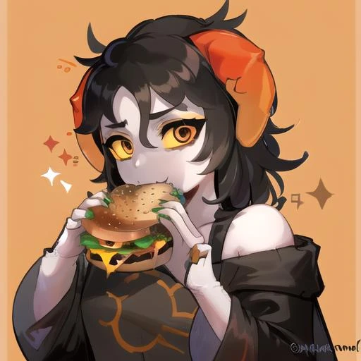 <lora:Chixie_Roixmr-10:0.8> horns, orange makeup, black hair, orange eyelashes, yellow sclera, <lora:borger-nvwls-ver-2:0.8> two-handed burger