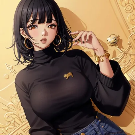 black african woman, gold charm_bracelet on wrists, black hair, longsleeve turtleneck bodysuit, black hair,  <lora:charm_bracelet:1.3>
