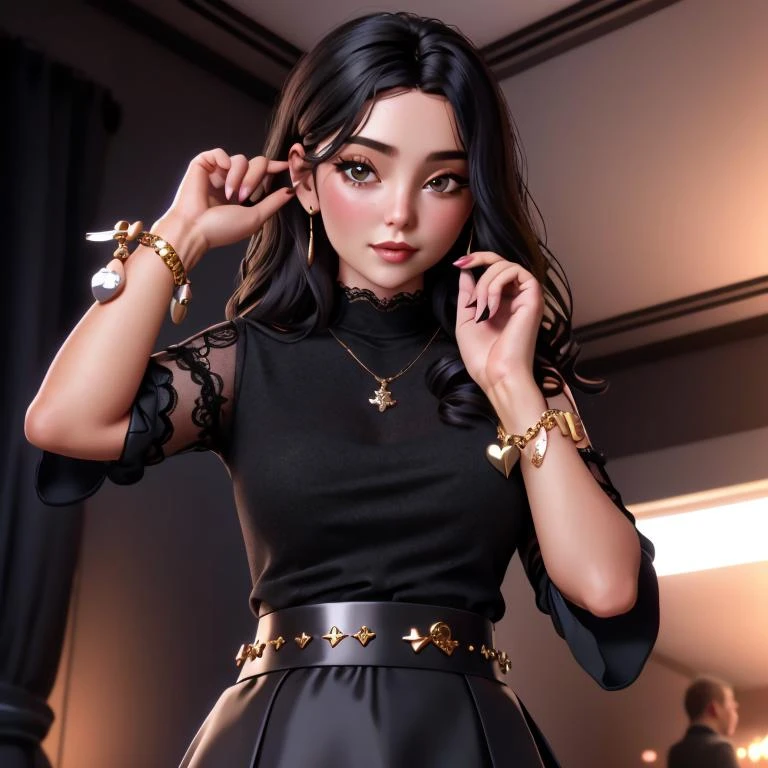 full shot, mature european woman wearing black half skirt, hands reaching out, (charm_bracelet:1.3) on each wrist, black lace longsleeved turtleneck, black hair, nightclub, cinematic, <lora:wrenchlogown:0.4>, <lora:charm_bracelet:1.3>