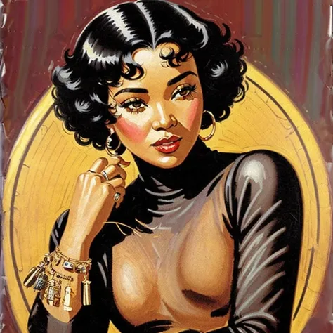 pulp illustration, black african woman, gold charm_bracelet on wrists, black hair, longsleeve turtleneck bodysuit, black hair, <lora:charm_bracelet:1>