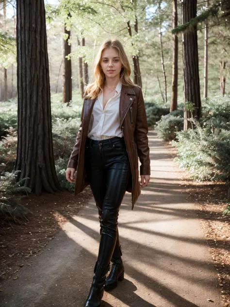 RAW photograph, tv_Georgina_Lane_MXAI
BREAK
walking through the woods, wearing a leather duster, wearing leather pants, wearing a white shirt, wearing black boots, walking towards the camera, golden hour, god rays
 BREAK, (((Ultra-HD-details, Ultra-HD-detailed, Ultra-HD-realistic, Ultra-HD-photo-same-realistic-quality-details))), 8k uhd, dslr, soft lighting, high quality, film grain, Fujifilm XT3