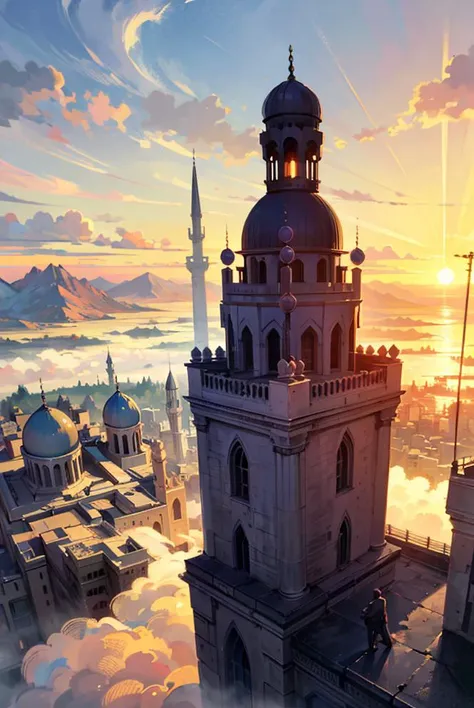 a man in front of mosque building, hight tower, golden dome, epic, fog, dawn, dramatic lighting, dim light, mountain, forest, cliff, <lora:ARWMosqueOld:1>