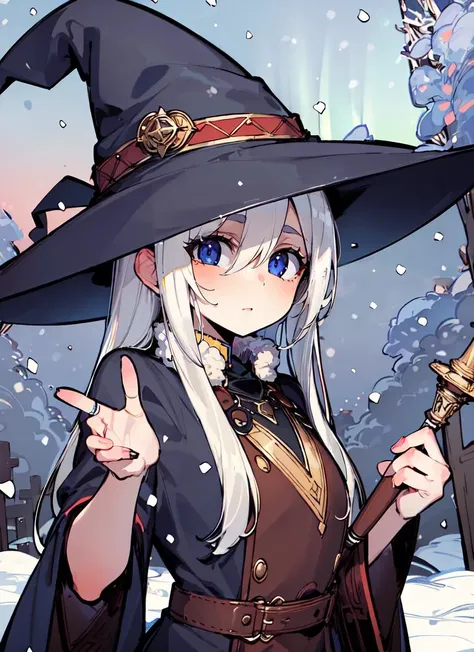 ((best quality)), ((highly detailed)), absurdres, (detailed eyes, deep eyes), (1girl), <lora:slim_tall-plump_short:-1>, dynamic pose, upper body, witch, witch hat, wand, (outdoors, on the tundra, aurora, dusk, snowing), <lora:Sueyuu_Style:.9>, sueyuu style, flat colors, thick lines