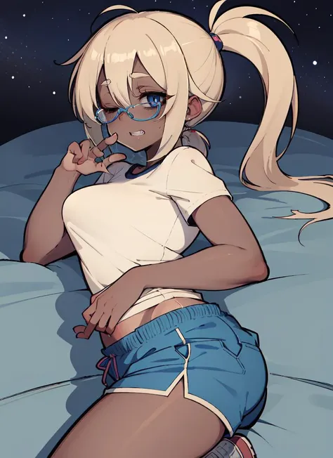 ((best quality)), ((highly detailed)), masterpiece, absurdres, detailed face, beautiful face, (detailed eyes, deep eyes), (1girl), (glasses), sleepy, tired, <lora:bags_under_eyes:1>, bags under eyes, lying, on side, eyes closed, tan tomboy, short ponytail, ((tan skin)), tanlines, athletic, abs, grin, t-shirt, gym shorts, sneakers, (outside, at a graveyard, night, night sky, stars, half moon, telescope), <lora:Sueyuu_Style:.8>, sueyuu style, flat colors, thick lines