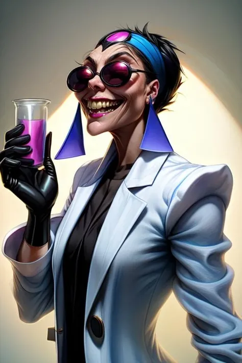 Yzma, black hair, pale skin, spiked hair, sunglasses,
blue hairband, earrings, black gloves, white lab coat,
smile ,upper body, teeth, standing, holding potion,
laboratory,
(insanely detailed, beautiful detailed face, masterpiece, best quality) <lora:Yzma:0.8>,