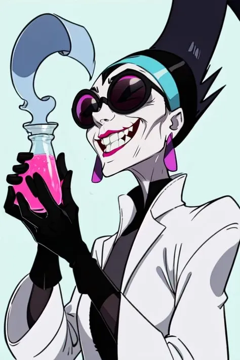 Yzma, black hair, pale skin,  spiked hair,  sunglasses, 
  blue hairband, earrings,  black gloves, white lab coat,  
smile ,upper body, teeth,  standing,  holding potion, 
laboratory, 
(insanely detailed, beautiful detailed face, masterpiece, best quality)  <lora:Yzma:0.8>,