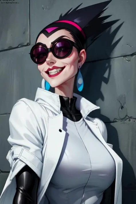 Yzma, black hair, pale skin, spiked hair, sunglasses, blue hairband, earrings, 
black gloves, white lab coat,
smile, upper body, 
laboratory, 
(insanely detailed,  masterpiece, best quality)  <lora:Yzma-10v3:0.8>,