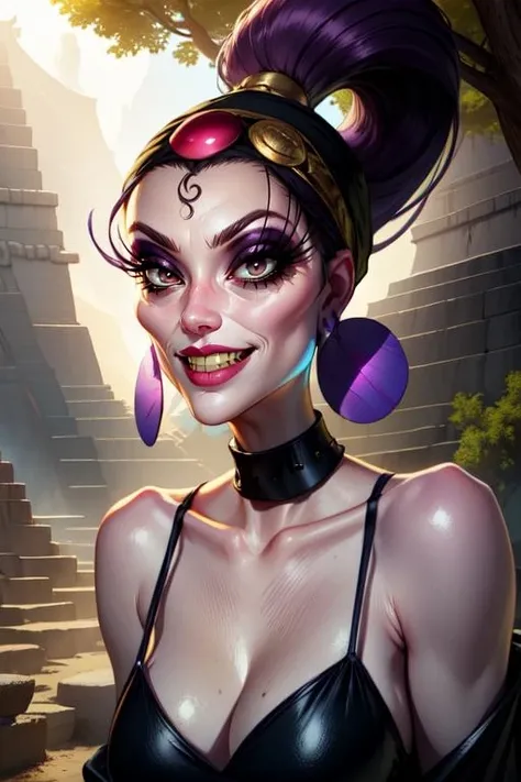 Yzma,purple hair,eyeshadow,pale skin,eyelashes,eye half open,
Black dress, jewelry ,bare shoulders, round earrings ,collar bone, ponytail, headband,
round earrings, sagging breasts,
smile,upper body, teeth,
gold Aztec temple, trees,
(insanely detailed, beautiful detailed face, masterpiece, best quality) cinematic lighting,<lora:Yzma-10v3:0.8>,