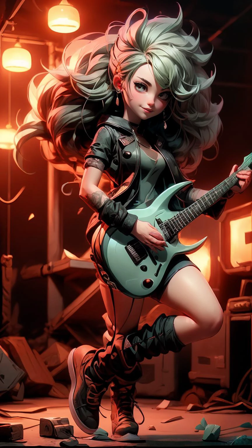 (Realistic),masterpiece,best quality,cinematic lighting,highest detail,aesthetic,Boom Shot,
r1ge,1girl,sexy girl,solo,light smile,charming,20yo,full body,looking at viewer,Top knot Hair.Swaying hair,Mint green hair,
(playing guitar:1.2),(edgpshorts,wearing edgpshorts,leather shorts),heavy metal stance,rock concert stage,concert,glowing,aura,energy,beam,flying debris,medium breasts,Crawling,
<lora:solaratype:0.8>,solaratype1452,
<lora:add_detail:1>,<lora:å
å½±:0.5>,
<lora:GoodHands-vanilla:1>,<lora:edgPunkShorts:0.8>,
<lora:OC:0.3>,<lora:r1ge - AnimeRage:0.3>,