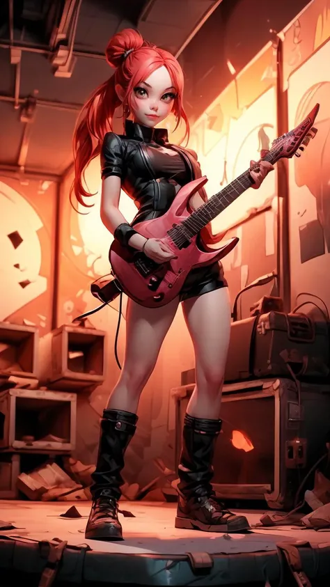 (Realistic),masterpiece,best quality,cinematic lighting,highest detail,aesthetic,Boom Shot,3dcutecharacter,
r1ge,1girl,sexy girl,chibi,solo,light smile,charming,20yo,full body,looking at viewer,hair bun.Bald,Rose gold hair,
(playing guitar:1.2),wearing leather suit,leather shorts,heavy metal stance,rock concert stage,concert,glowing,aura,energy,beam,flying debris,medium breasts,Bending Over,
<lora:solaratype:0.8>,solaratype1452,
<lora:add_detail:1>,<lora:å
å½±:0.5>,
<lora:GoodHands-vanilla:1>,
<lora:OC:0.3>,<lora:r1ge - AnimeRage:0.3>,