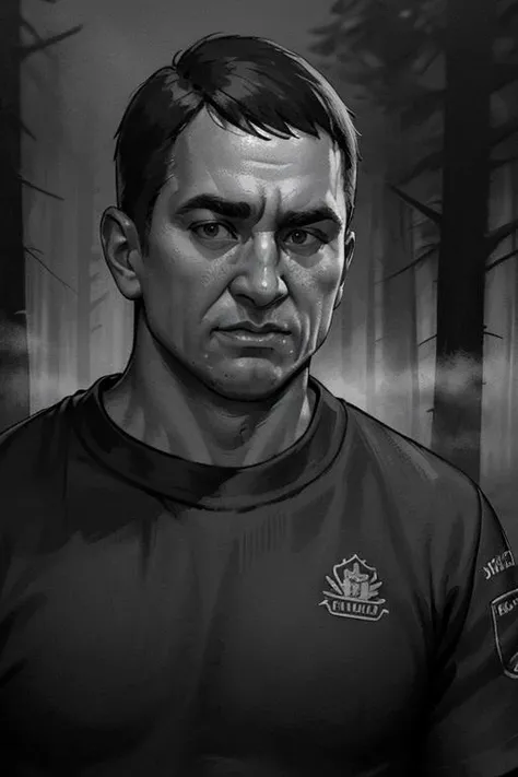 masterpiece, best quality, hdr, tihonov, 1man, black t-shirt,open shoulders, athletic, forest, looking at viewer, serious,<lora:Tihonov:0.6>, monochrome, (foggy background, epic realistic, rutkowski, hdr, intricate details, hyperdetailed, cinematic, rim light, muted colors:1.2)
