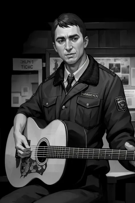 masterpiece, best quality, hdr, (anime), (illustration), epic realistic, tihonov, 1man,male focus, police, plays guitar, upper body, <lora:Tihonov:0.65>, monochrome, grayscale, <lora:LowRA:0.3>