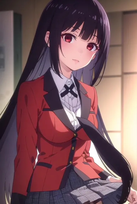 yumekojabami, <lora:yumeko jabami s2-lora-nochekaiser:1>,
yumeko jabami, long hair, bangs, black hair, very long hair, blunt bangs, hime cut, (red eyes:1.3), smile,
BREAK skirt, shirt, school uniform, jacket, white shirt, pantyhose, pleated skirt, collared shirt, black pantyhose, blazer, red jacket,
BREAK indoors, classroom,
BREAK looking at viewer, (cowboy shot:1.5),
BREAK <lyco:GoodHands-beta2:1>, (masterpiece:1.2), best quality, high resolution, unity 8k wallpaper, (illustration:0.8), (beautiful detailed eyes:1.6), extremely detailed face, perfect lighting, extremely detailed CG, (perfect hands, perfect anatomy),