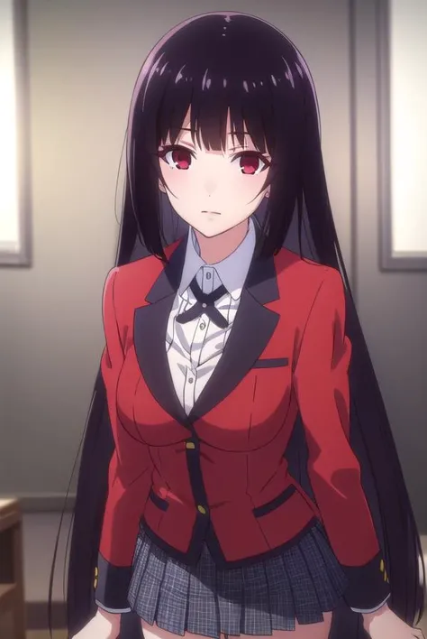 yumekojabami, <lora:yumeko jabami s2-lora-nochekaiser:1>,
yumeko jabami, long hair, bangs, black hair, very long hair, blunt bangs, hime cut, (red eyes:1.3), smile,
BREAK skirt, shirt, school uniform, jacket, white shirt, pantyhose, pleated skirt, collared shirt, black pantyhose, blazer, red jacket,
BREAK indoors, classroom,
BREAK looking at viewer, (cowboy shot:1.5),
BREAK <lyco:GoodHands-beta2:1>, (masterpiece:1.2), best quality, high resolution, unity 8k wallpaper, (illustration:0.8), (beautiful detailed eyes:1.6), extremely detailed face, perfect lighting, extremely detailed CG, (perfect hands, perfect anatomy),