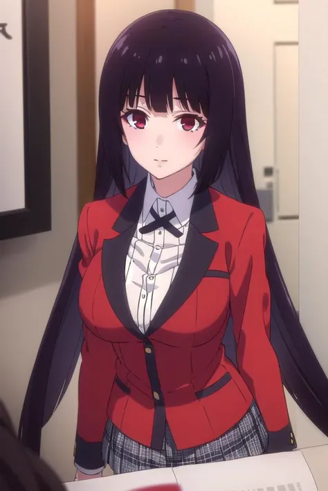 yumekojabami, <lora:yumeko jabami s2-lora-nochekaiser:1>,
yumeko jabami, long hair, bangs, black hair, very long hair, blunt bangs, hime cut, (red eyes:1.3), smile,
BREAK skirt, shirt, school uniform, jacket, white shirt, pantyhose, pleated skirt, collared shirt, black pantyhose, blazer, red jacket,
BREAK indoors, classroom,
BREAK looking at viewer, (cowboy shot:1.5),
BREAK <lyco:GoodHands-beta2:1>, (masterpiece:1.2), best quality, high resolution, unity 8k wallpaper, (illustration:0.8), (beautiful detailed eyes:1.6), extremely detailed face, perfect lighting, extremely detailed CG, (perfect hands, perfect anatomy),