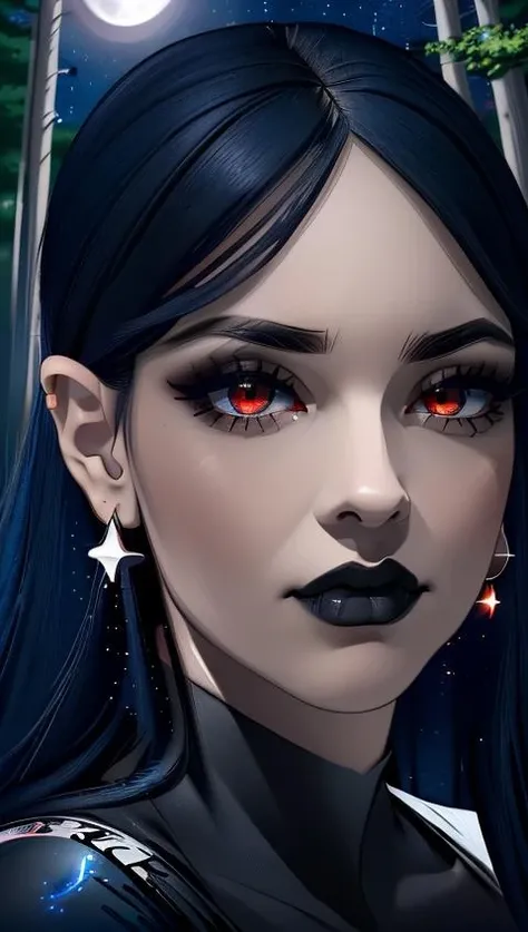 (best quality), (masterpiece), (detailed), (realistic), 1 girl, (dark blue hair, black lipstick, red eyes, black narrow pupils, red drop earrings, thick long eyelashes), black fitted dress, (((night, sky full of stars, full moon, forest))), (<lora:agata:0.8> agata:1.5) , <lora:Background_Detail_v3:0.6> <lora:hairdetailer:0.6>, <lora:GoodHands-vanilla:0.6>