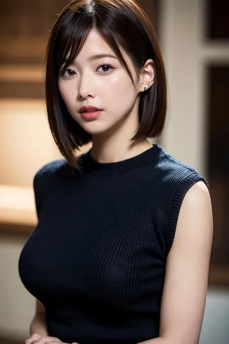 highest quality, ultra high resolution, (realistic:1.4), 1 girl, off shoulder white shirt, black tight skirt, black choker, (faded ash gray hair:1), (huge breasts:1.2), looking at the viewer, close ,