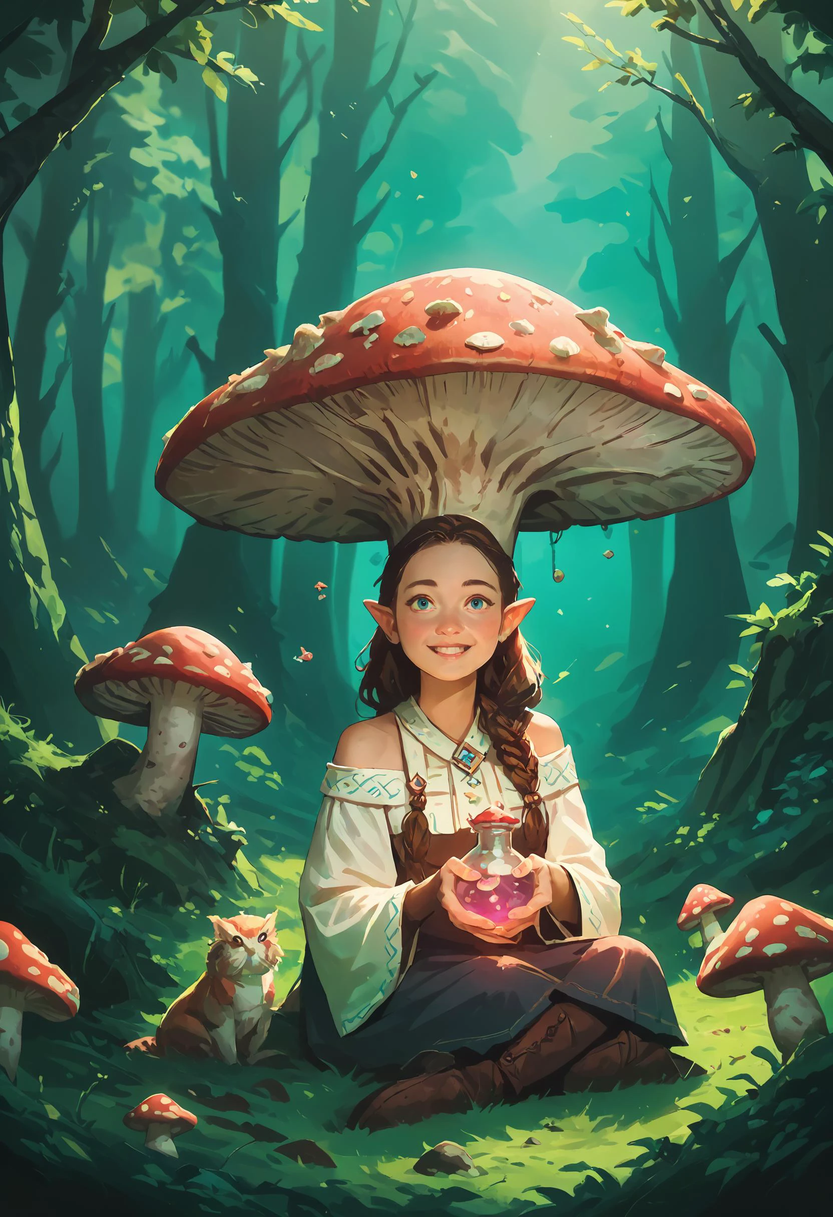 score_9, score_8, score_9_up, (content_sfw:1.1), high quality, high contrast, (realistic:1.2), <lora:Photo 2 Style SDXL_LoRA_Pony Diffusion V6 XL:0.45>, cute, elf girl, mixing magical potion, sitting under a giant mushroom, mushroom kingdom, vibrant color, cute face, <lora:cutethings-PonyXL:1>, magical world, surrounded by cute characters, norse mythology,sunny,daytime,spring