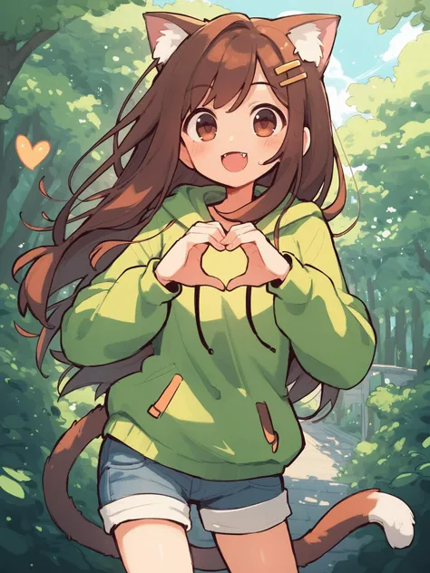 source_anime, score_9, score_8_up, score_7_up, highly detailed, BREAK <lora:last:0.6>,
cute girl, brown hair, brown eyes, long hair, animal ears, cat ears, hoodie, outdoors, happy, upper teeth only, cute fangs, heart hands, denim shorts, hairclip, tail,